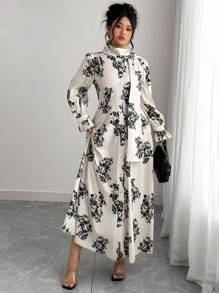 Elenzga Plus Size Women Floral Print Ruffle Sleeve Elegant Dress Fall Cloth For Women - Apricot - View 3