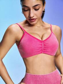 SHEIN Sovereign Charm Women's Matte Pink Sports Tank Top Ruched Sports Bra Push Up Sports Bras Molded Cup Sports Bra Dance Sports Bra - Pink - View 3