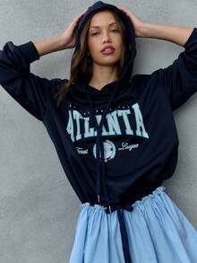 SHEIN Unity This Oversized "Atlanta" Hoodie Paired With A Light Blue Skirt Is Your Go-To For Cozy Back To School Outfits Women Swear By. Comfortable, Stylish, And Layered To Perfection, Ideal For Classroom Chill Or Post-Class Plans. - Navy Blue - View 6