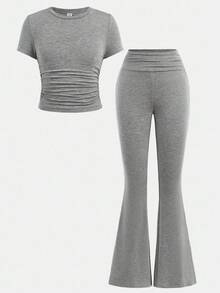SHEIN Girlism Tween Girl Casual Fitted Light Blue Ruched Crew Neck Top And Ruched Flare Pants Set Grey Pants - Light Grey - View 3