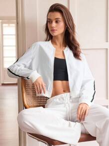 Hanevo Women's Solid Color Long Sleeve Baseball Jacket, Sports Tennis Workout Casual Coat Fall Winter Cloth For Women - Apricot - View 1