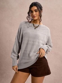 SHEIN VCAY Áo len chui đầu dáng rộng tay cánh dơi họa tiết hình học cỡ lớn cho nữ mùa thu đông - Xám - Xem 3