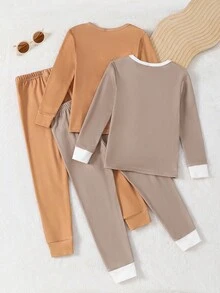 4pcs/Set Young Boy Casual Solid Color Patchwork Crew Neck Long Sleeve Top And Pants Homewear Set - Brown - View 8
