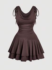 SHEIN MOD Váy ngắn chữ A ôm sát, viền bất đối xứng, dáng rộng cỡ lớn dành cho nữ, váy ngoài trời, váy dự tiệc thanh lịch, váy đa năng - màu nâu - Xem 1