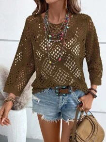 EMERY ROSE Hollow Out Casual Solid Color Loose Long Sleeve Women Sweater Crochet Cover Up Knit Tops Boho Tops For Women Crochet Tops For Women Summer Tops - Coffee Brown - View 5