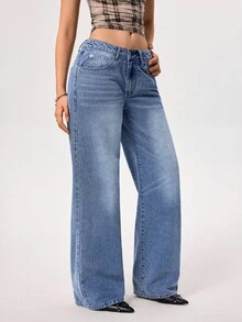 SHEIN EZwear Women's Casual Commute Daily Versatile Low-Waist Loose Flare Leg Jeans - Light Wash - View 7