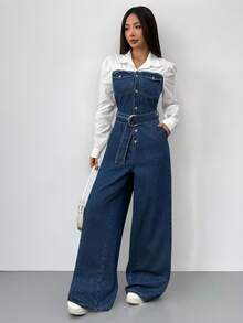 SHEIN 少女 Y2K 90 年代蓝色连体裤二合一拼色套装，配有腰带阔腿裤春夏连体裤，女孩秋季返校节牛仔两件套服装，商务休闲女士，秋冬连体裤，女孩教师服装 - 深色水洗藍 - 查看 4
