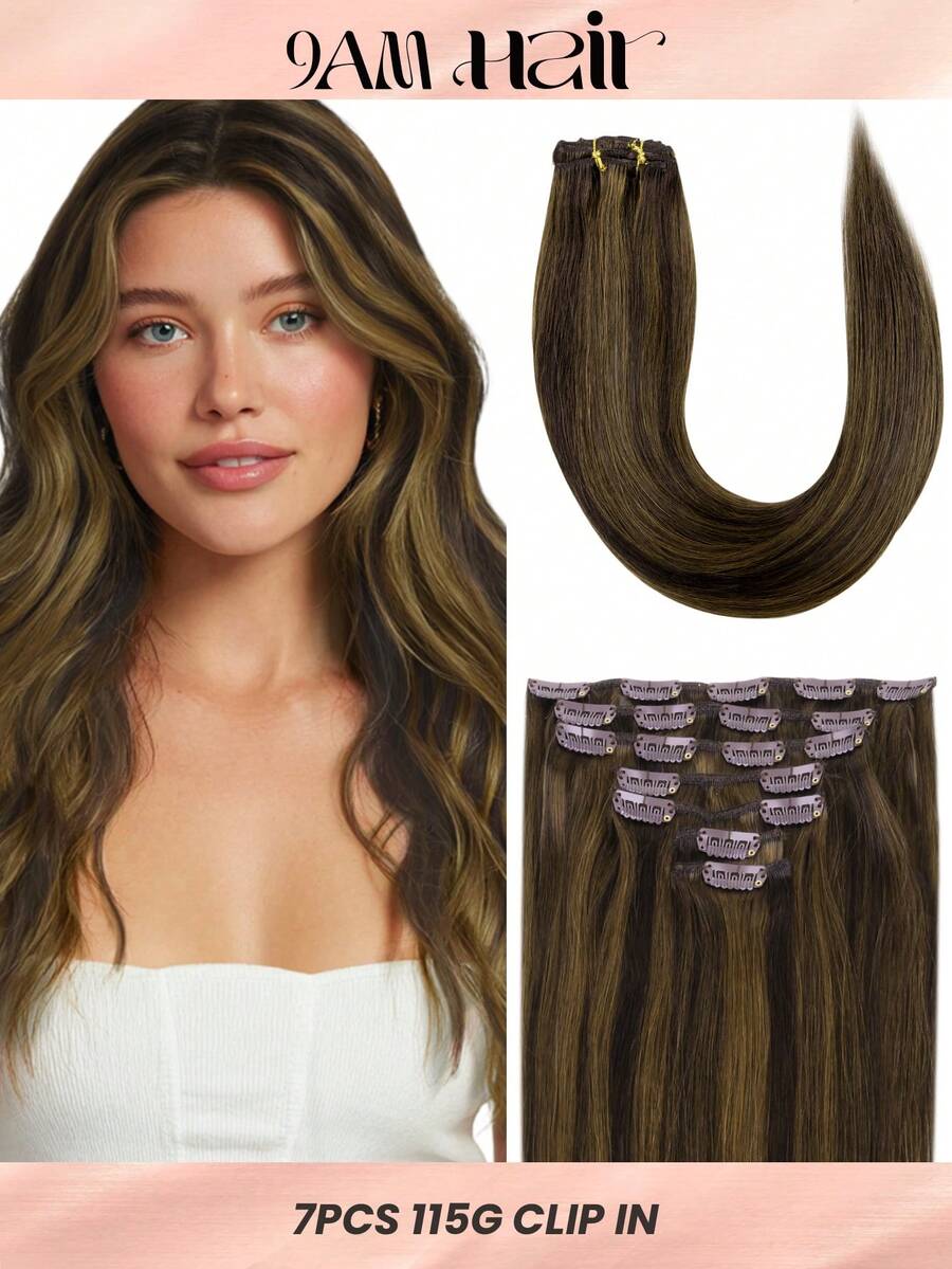 7 PIEZAS Extensiones de cabello con clip recto 100% cabello humano real de 14-24 pulgadas 115G Doble trama Extensiones de cabello con clip invisibles Cabello humano Remy natural para uso diario de mujeres y niñas - S1/2/5 - Ver 1
