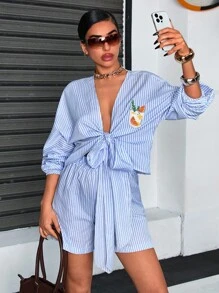 SHEIN Cottnline Women Striped And Embroidery Detailed Two Pieces Outfits Tops And Short Sets Women Summer Clothing Women Summer Clothes Women Summer Sets Women's Clothes - Blue and White - View 6