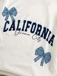 女童蝴蝶结字母印花长袖上衣，搭配格子睡裤 - 白色 - 查看 6