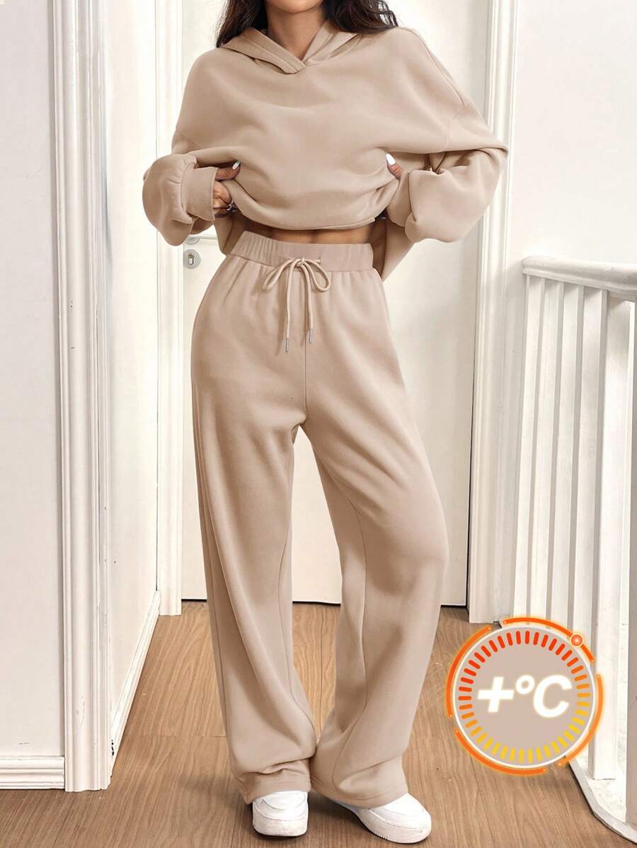 SHEIN EZwear 2 Pieces Thermal Lined Hoodie & Pants Set In Khaki, Women Casual Sweatsuit For Autumn/Winter - Khaki - View 1