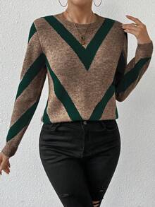 2024 Autumn/Winter New Arrival Geometric Striped Pullover Sweater Fall Cloth For Women Fall Sweaters Green Sweater Women Sweaters Brown Sweater - Multicolor - View 3