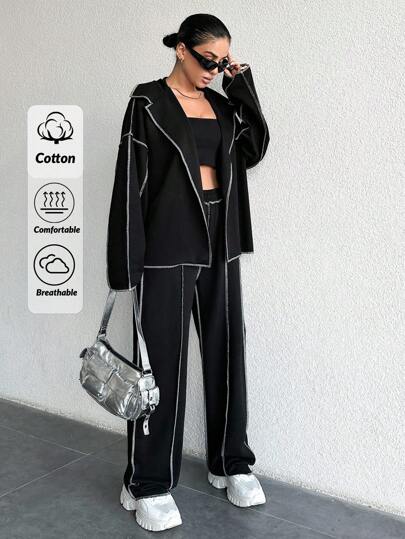 EURMUSE Set de bluză și pantaloni scurți crop color block Cottnline pentru femei, mărime plus, cu garnitură contrastantă