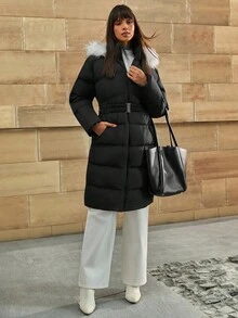 CLARA VERO Women's Solid Faux Fur Hooded Belted Elegant Midi Winter Coat - Black - View 4