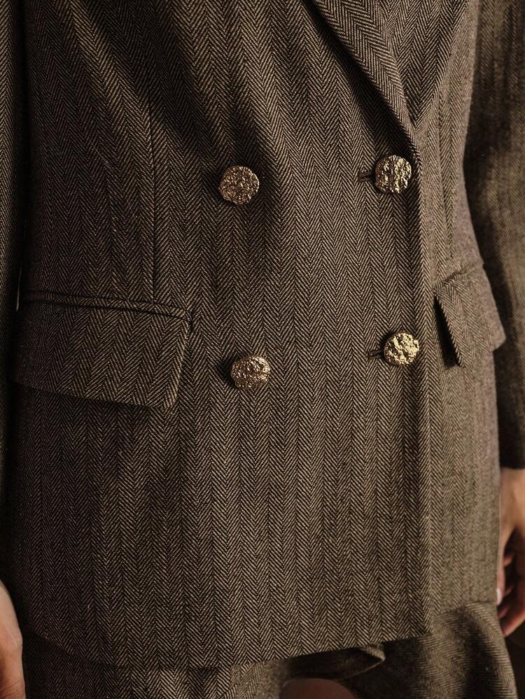 HERRINGBONE PRINT PEAK COLLAR DOUBLE BREASTED PLACKET BLAZER
