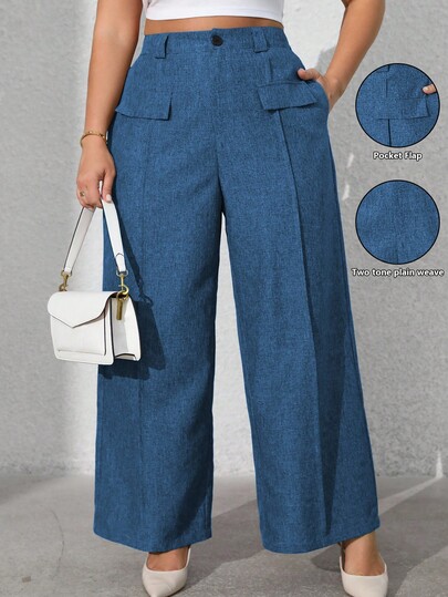 Vionelle Plus Size Women's Solid Color Front Pocket Casual Suit Pants Palazzo Pants High Waist Pants Linen Pants Wide Leg Pants Blue Pants Winter Fall Autumn