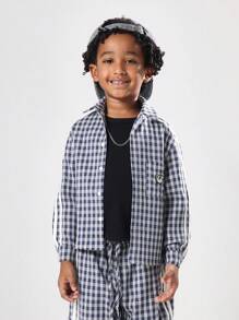 SUMWON Kids Checkered Long Sleeve Button Down Casual School Uniform Comfortable Preppy Classic Regular Fit Navy Plaid Shirt With Logo Badge Fall Winter - Royal Blue - View 5