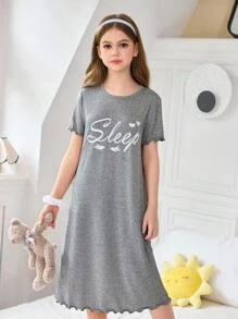 SHEIN 女童趣味字母印花休闲短袖睡裙 - 灰色 - 查看 1