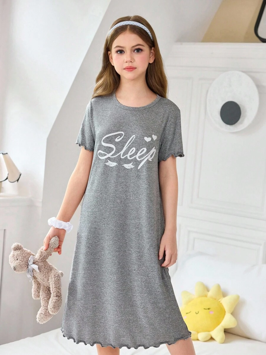 SHEIN 女童趣味字母印花休闲短袖睡裙 - 灰色 - 查看 1