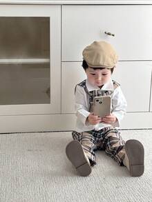 SHEIN 3pcs Baby Boy Collared Long Sleeve Cardigan, Shirt And Plaid Pants Set With Plaid Scarf, Preppy Style Fall Winter - Multicolor - View 6