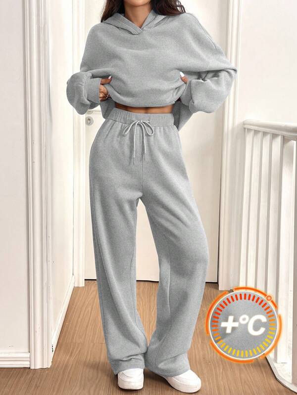 SHEIN EZwear 2pcs/Set Women Casual Thermal Lined Hooded Sweatshirt And Sweatpants, Light Gray, Autumn/Winter