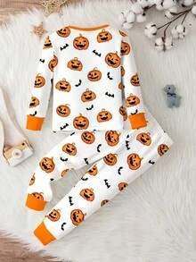 SHEIN Young Boy White Halloween Pajama Set,Cute Pumpkin Head Little Bats Pattern Snug Fit Long Sleeve Crew Neck - Multicolor - View 4