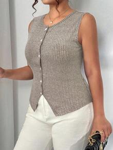Elenzga Blusa casual de talla grande para mujer, de un solo pecho, de unicolor y acanalada - Albaricoque - Ver 5