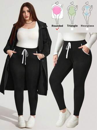 Enliva Plus Size Black Leggings For Women, Super Soft Knit Jogging Pants, Stretch Leggings,Fall Clothes For Womenfall Clothes For Women,Winter,CURVE PLUS