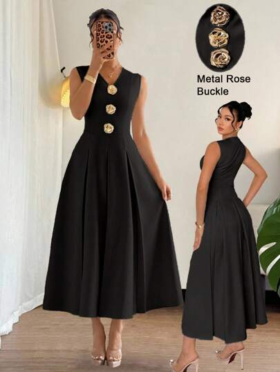 Rafferiza 优雅V领玫瑰金金属扣装饰，收腰A字无袖连衣裙