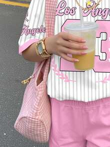 SHEIN Leap Crew 2 件套青少年女孩休闲闪光条纹蝴蝶结字母和篮球印花宽松圆领短袖 T 恤和休闲短裤，适合夏季，凉爽 - 彩色 - 查看 5