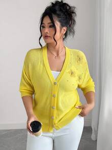 Elenzga Cárdigan de punto con cuello en V, unicolor, con bordado floral y cuentas, talla grande - Amarillo - Ver 6