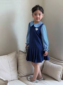 SHEIN 女童蓝色条纹撞色学院风长袖连衣裙，时尚优雅的学院风装扮 - 藍色 - 查看 9