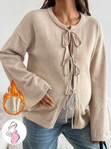 SHEIN Ladies Solid Color Knotted Long Sleeve Cardigan, Suitable For Commute, Minimalist, Office Wear, Simple Style, Women's Tie Front Belt Solid Color Knitwear Sweater Cardigan, Can Be Worn Over T-Shirt, Long Sleeve Tops, Maternity Lightweight Cardigan, Maternity Sweater Fall Clothes - Khaki - View 1