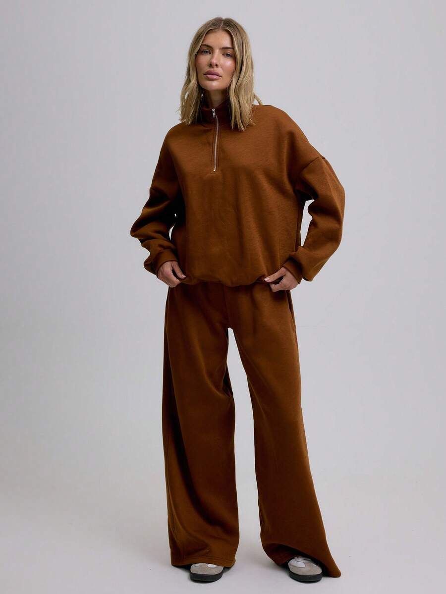 MUSERA Extreme Wide Leg Fold Over Waist Sweatpants Airport Casual Summer Airport Winter - Chocolate Brown - View 1