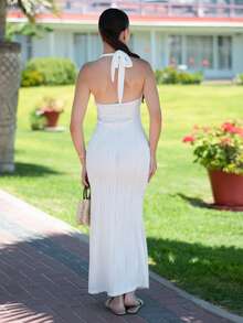 Andrea Bello Vestido ajustado maxi de cola de pez con cuello anudado, de textura sólida y elegante para mujer - Blanco - Ver 2