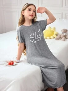SHEIN 女童趣味字母印花休闲短袖睡裙 - 灰色 - 查看 3