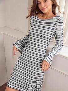 Hanevo Women's Striped Off Shoulder Flare Sleeve Casual Sports Yoga Running Tennis Short Dress, Autumn/Winter Fall Cloth For Women - Grey - View 3
