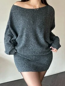 Flirla 时尚美式性感宽松蝙蝠袖露肩短款针织修身连衣裙，秋冬 - 深灰色 - 查看 3