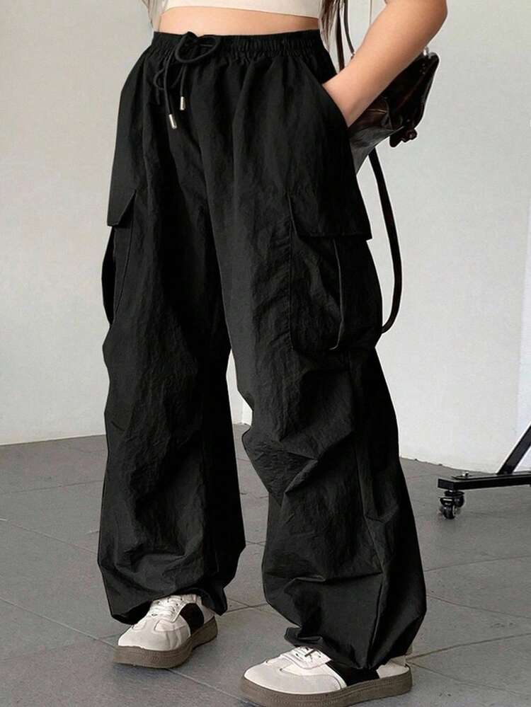 Dazy Plus Loose Cargo Pants With Large Pockets, Elastic Waist Drawstring, Plus Size Street Style Trousers For Plus Size Women