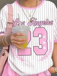 SHEIN Leap Crew 2 件套青少年女孩休闲闪光条纹蝴蝶结字母和篮球印花宽松圆领短袖 T 恤和休闲短裤，适合夏季，凉爽 - 彩色 - 查看 4