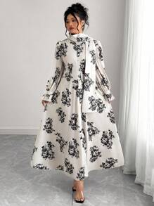 Elenzga Plus Size Women Floral Print Ruffle Sleeve Elegant Dress Fall Cloth For Women - Apricot - View 4