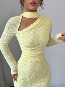 Elenzga 女士针织提花优雅奶油黄色撞色领派对、正式场合长裙，秋季 - 淡黃色 - 查看 7