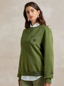 Briarwyn 女士休闲圆领字母刺绣插肩袖运动衫 - 軍綠色 - 查看 5