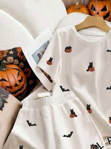 Resyla Bộ 2 món áo thun tay ngắn cổ tròn in hình quả bí ngô dành cho nữ và quần short thường ngày - trắng - Xem 4