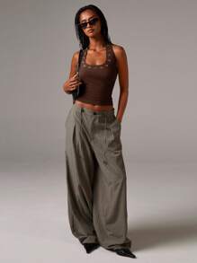 Athîral Women's Halterneck Stud Hardwear Eyelet Jersey Top - Coffee Brown - View 3