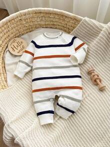 SHEIN 新生儿圆领插肩袖条纹针织连体衣 - 彩色 - 查看 3