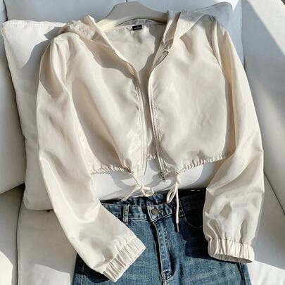 Giacca corta casual in tessuto leggero con maniche lunghe regolari e design con cappuccio, giacca corta con cappuccio, giacca crema, giacca corta con