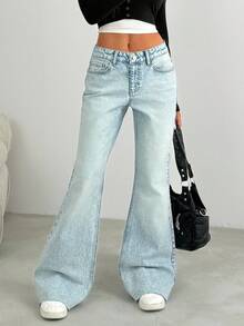 Women Low Waist Wash Detailed Flare Leg Jeans Y2k Jeans Wide Leg Jeans Flared Jeans Low Rise Flared Jeans - Light Wash - View 5