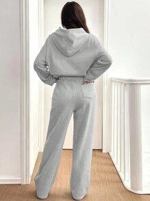 SHEIN EZwear 2 件套女士休闲保暖连帽运动衫和运动裤，浅灰色，秋冬 - 淺灰色 - 查看 2