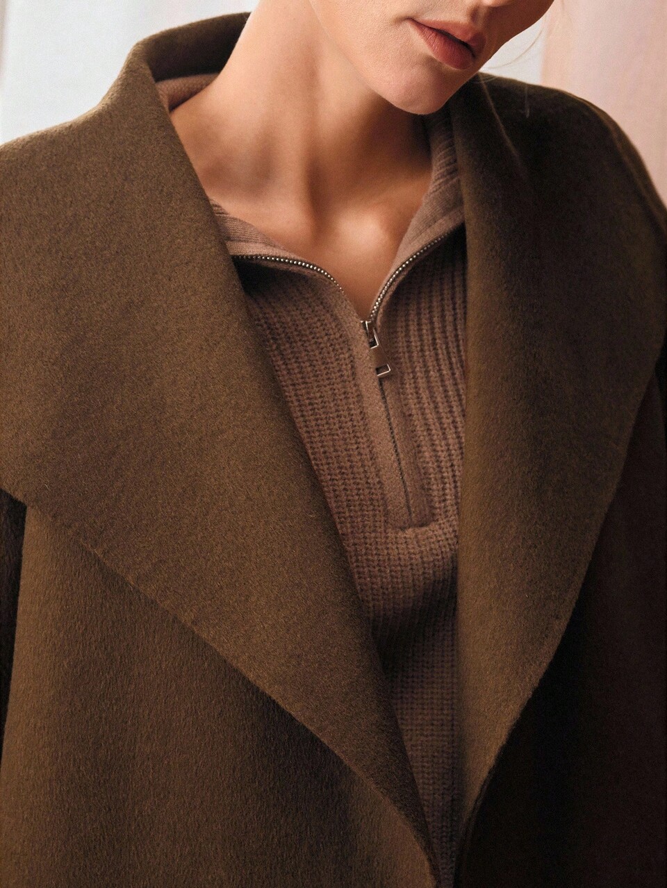 WOOL BLEND AUTUMN/WINTER OVERSIZED WATERFALL COLLAR BELTED OVERCOAT
